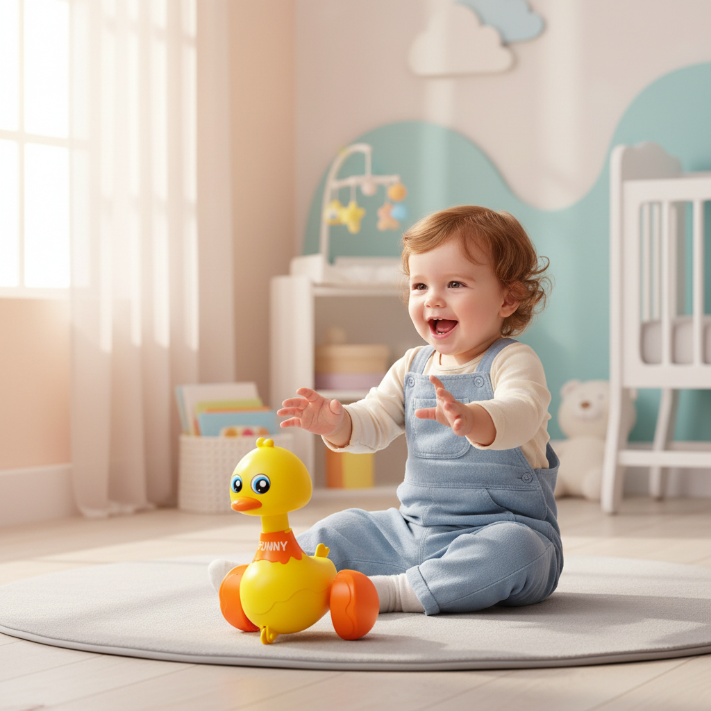 Baby playing with swing duck toy